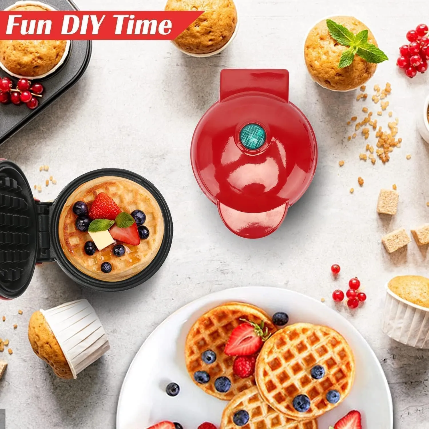 3 in 1 Mini Waffle Maker Machine | Electric Non-Stick Round Waffles Maker Iron Cast for Home, Kids, Belgian Waffles, Pan Cakes,Paninis and Other Snacks (Red,4 Inch- 350 Watts).