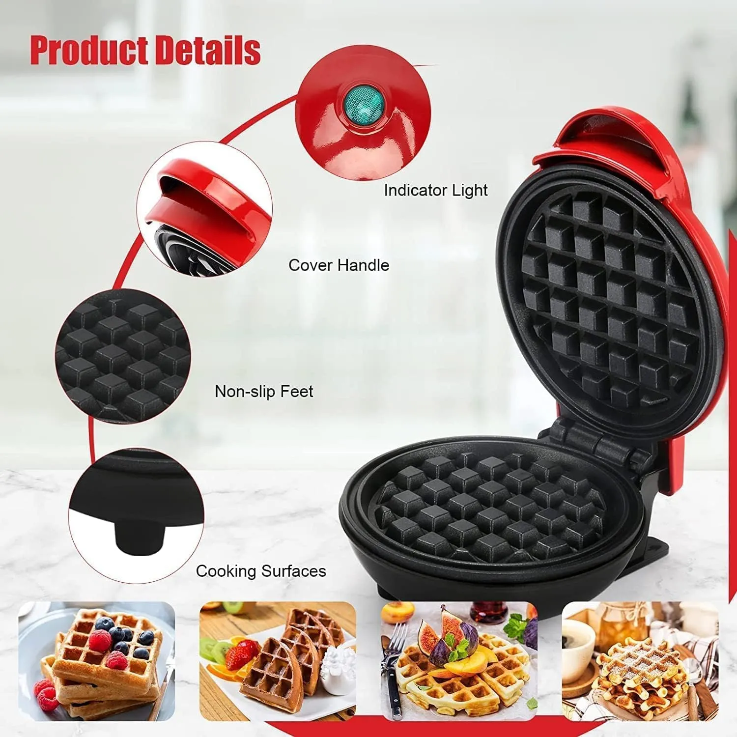 3 in 1 Mini Waffle Maker Machine | Electric Non-Stick Round Waffles Maker Iron Cast for Home, Kids, Belgian Waffles, Pan Cakes,Paninis and Other Snacks (Red,4 Inch- 350 Watts).