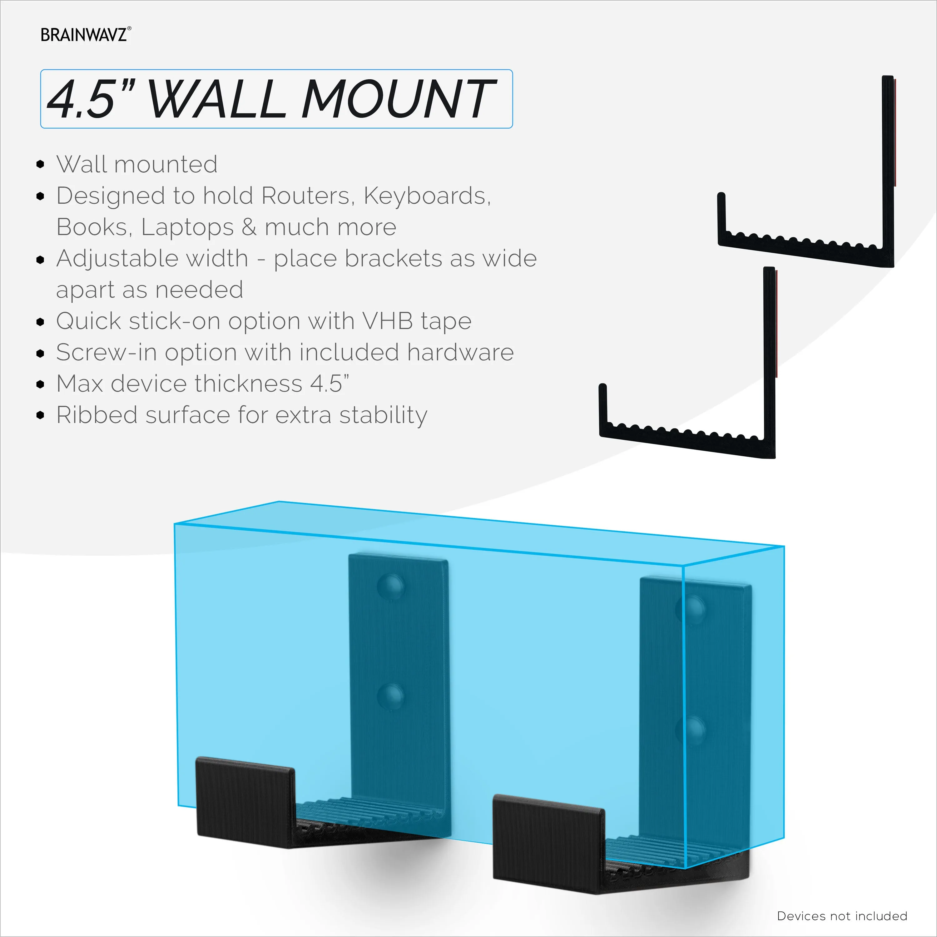 4.5" Cable Box Wall Mount Hanger Holder, Adhesive & Screw-In, for Routers, Laptops, Modem, Mesh Wifi, Apple TV, Network Switch & More