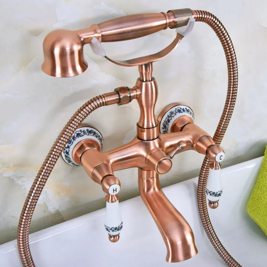 Antique Red Copper Brass Wall Mounted Bathroom Tub Faucet Mixer Tap