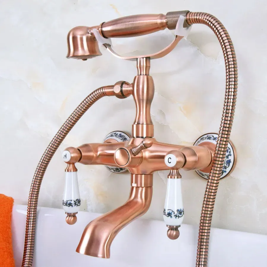 Antique Red Copper Brass Wall Mounted Bathroom Tub Faucet Mixer Tap