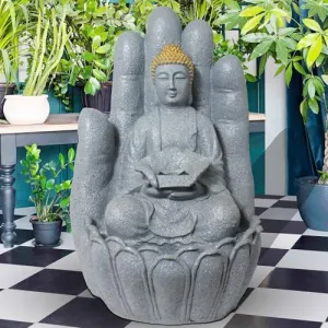 Art N Hub Big Size Blessing Buddha Big Size Indoor Outdoor Fibers for Home Decoration Office Decoration and Gifting Built (48 x 44 x 79 CM | Grey & Golden)