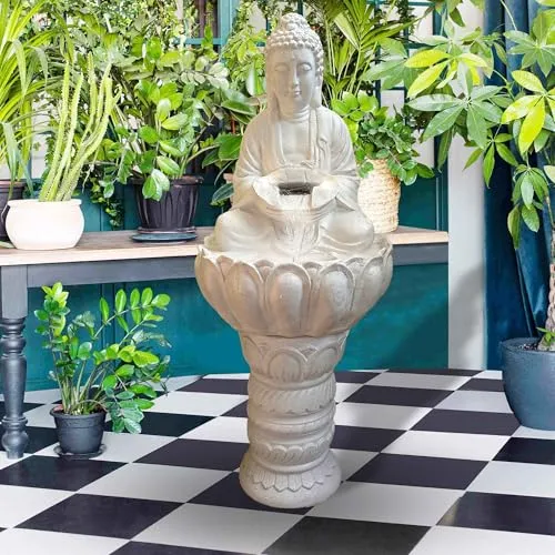 Art N Hub Big Size Lotus Buddha Indoor Outdoor Home Decorative Fiber Water Fountain Best Home and Office Inauguration Gift Items | Built (60 x 54 x 135 CM | White)