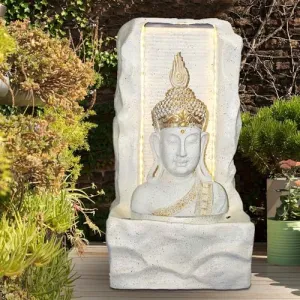 Art N Hub Lord Buddha Indoor Outdoor Big Fiber Fountain for Home Decor Office Decor and Gifting Built Home Decorative Gift Items (38 x 33 x 64 CM | Ivory & Golden)