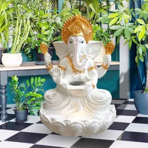 Art N Hub Lord Ganesha Handicraft Big Size Fiber Indoor Outdoor Waterfall Fountain Balcony Decoration Items Water Fountain for Home Vastu (60 x 54 x 86 CM | White Golden)