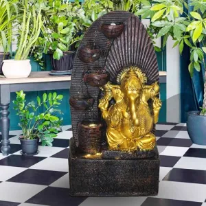 Art N Hub Lord Ganesha Indoor Outdoor Waterfall Fountain Office Decorative Items | Best Welcome Gifts for Guest Also Best Gift Items for Home Decoration (33 x 23 x 71 CM | Brown Golden)