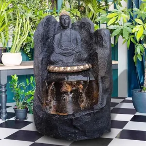 Art N Hub Meditation Buddha Big Size Fountain with Light Decoration Items for Living Room and Office Indoor Outdoor Best Decorative Gift Items (38 x 38 x 64 CM | Black & Grey Shaded)