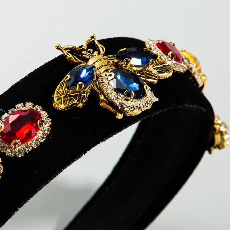 Baroque Style Black Gold Velvet Rhinestone Headband Female Retro Personality Wide-Brimmed Bee Headband Hair Accessories