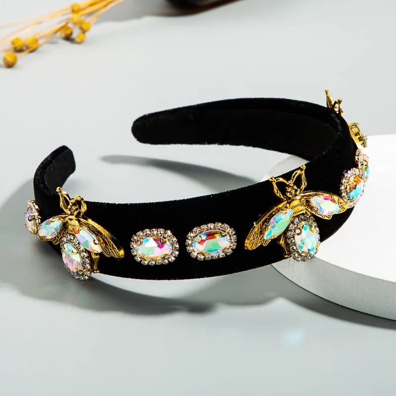 Baroque Style Black Gold Velvet Rhinestone Headband Female Retro Personality Wide-Brimmed Bee Headband Hair Accessories