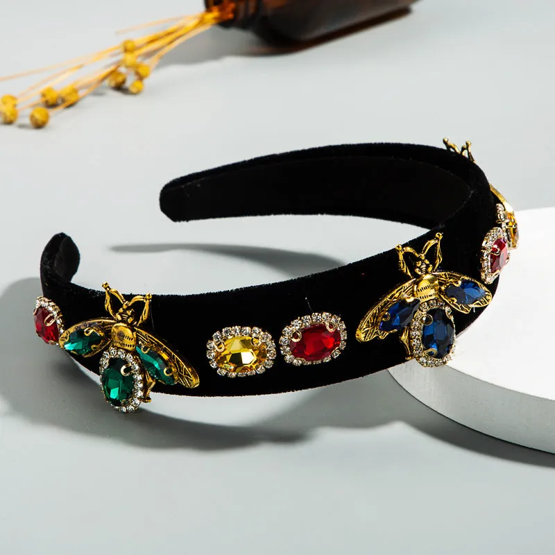 Baroque Style Black Gold Velvet Rhinestone Headband Female Retro Personality Wide-Brimmed Bee Headband Hair Accessories