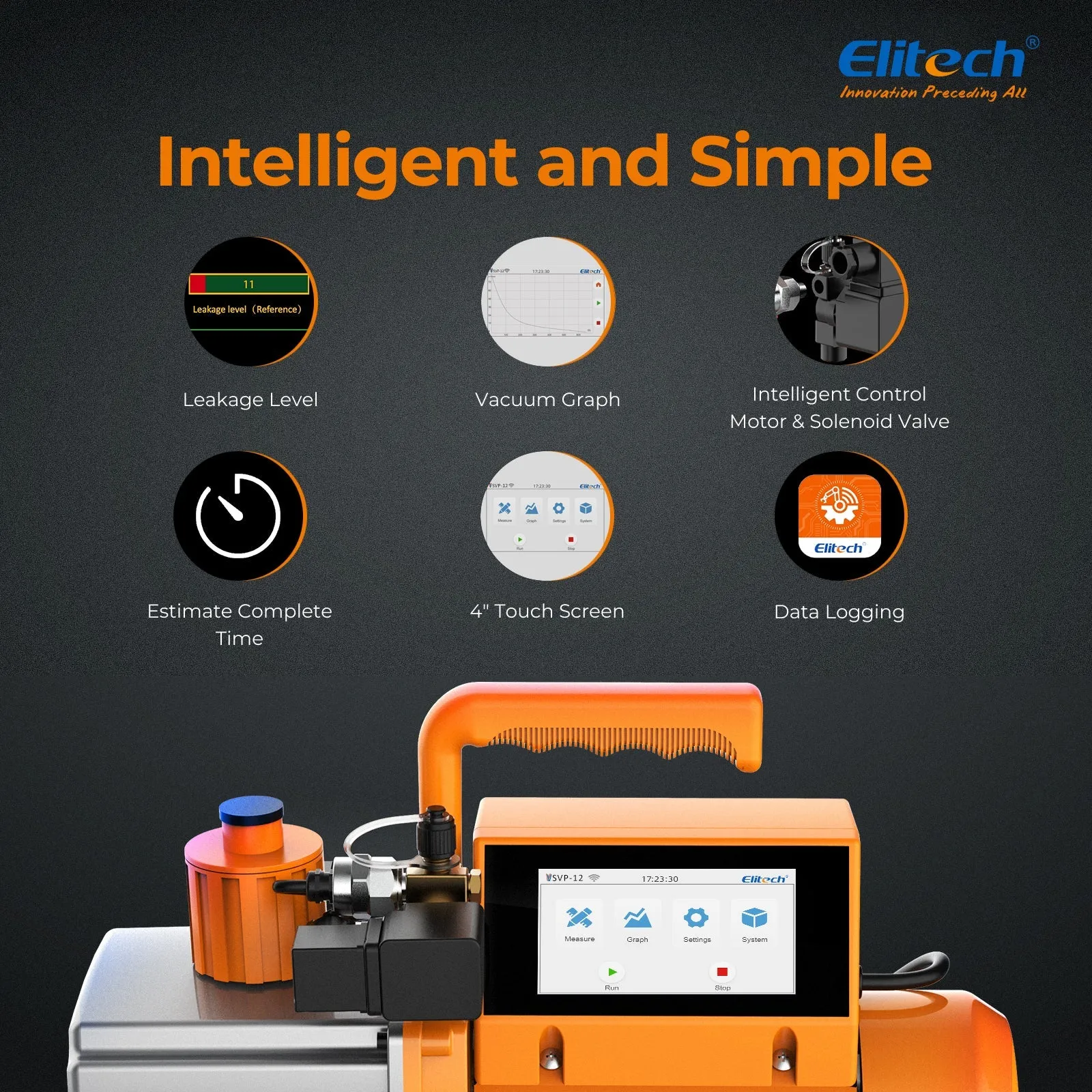 Elitech SVP-12 Intelligent HVAC 1HP Vacuum Pump 12 CFM 2 Stage with Touch Screen