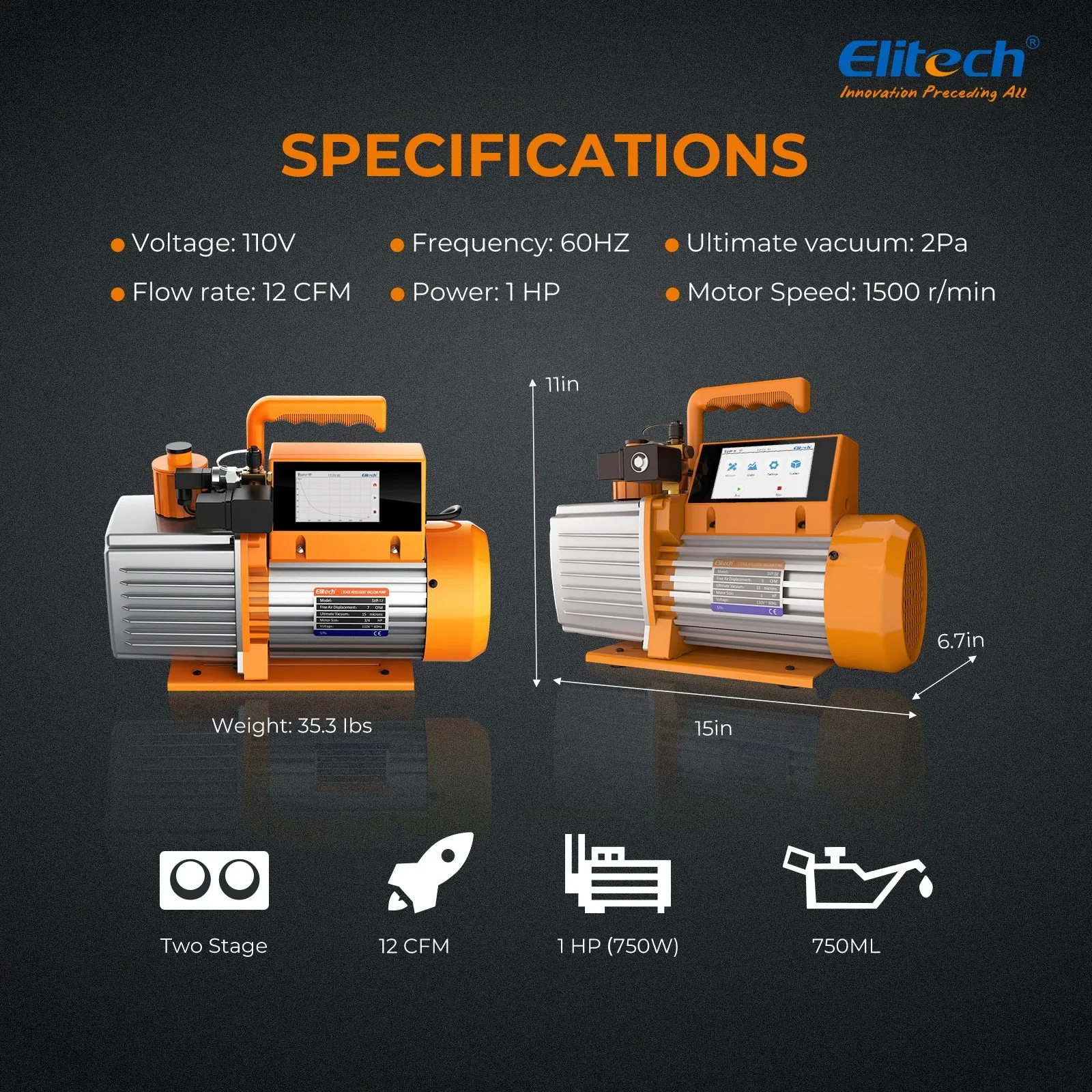 Elitech SVP-12 Intelligent HVAC 1HP Vacuum Pump 12 CFM 2 Stage with Touch Screen