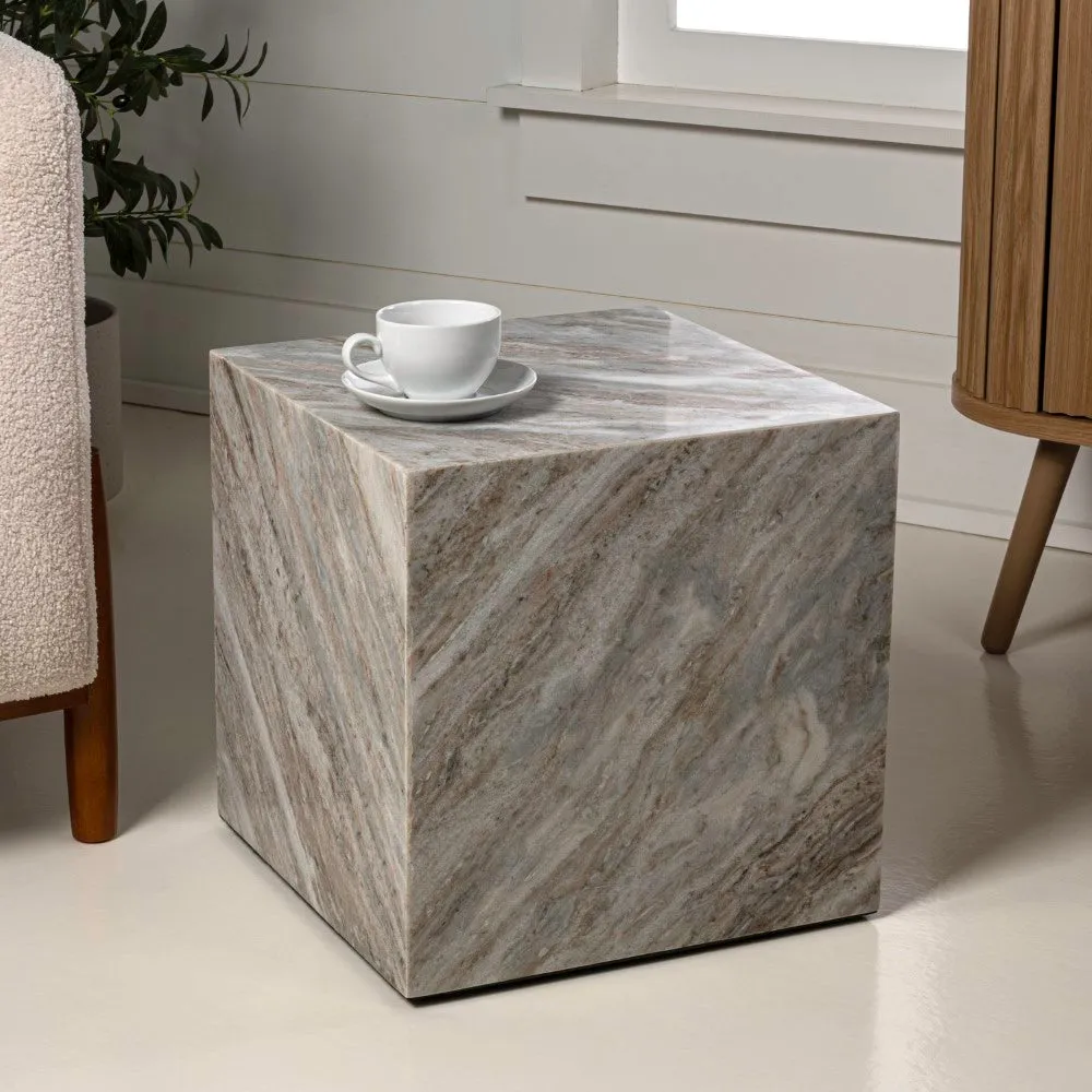 Erosia 15" Contemporary Natural Marble Handmade Cube End Table