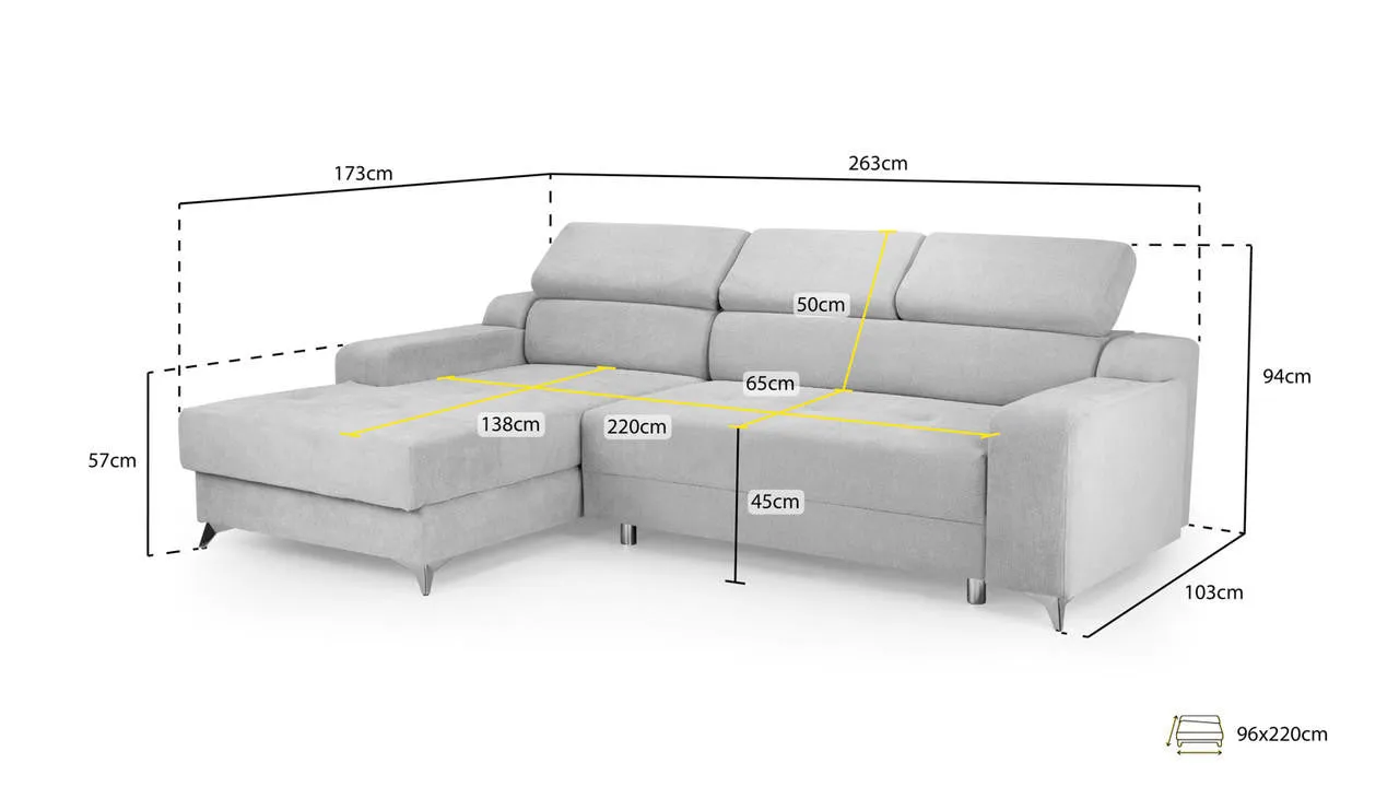 Jasmine Electric Sofabed - Grey Left Hand Facing Corner - 261 x 173 CM