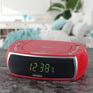 Jensen JCR-322R Modern Home CD Tabletop Stereo Clock Digital Display AM/FM Radio CD Player Dual Alarm Clock (Red)