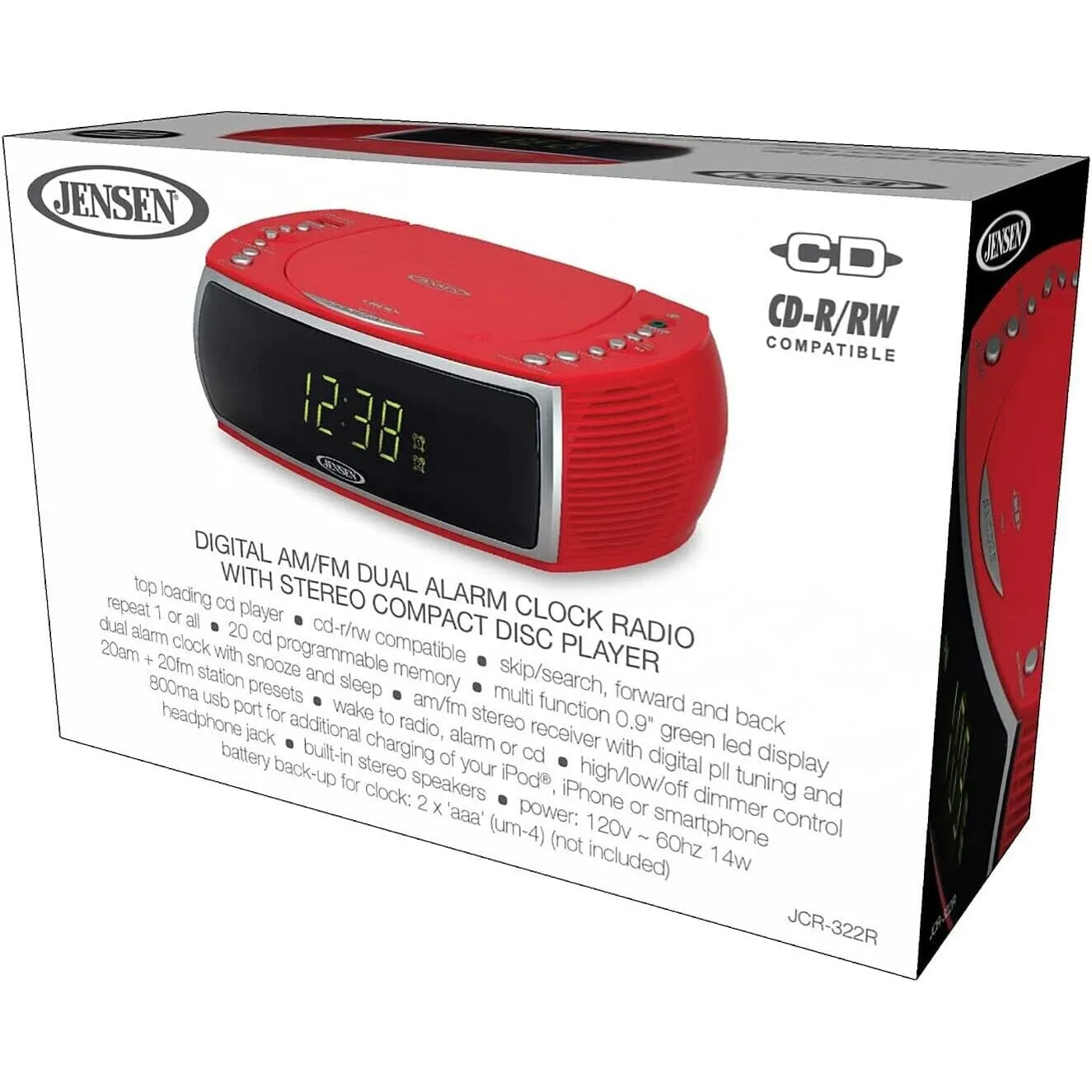 Jensen JCR-322R Modern Home CD Tabletop Stereo Clock Digital Display AM/FM Radio CD Player Dual Alarm Clock (Red)