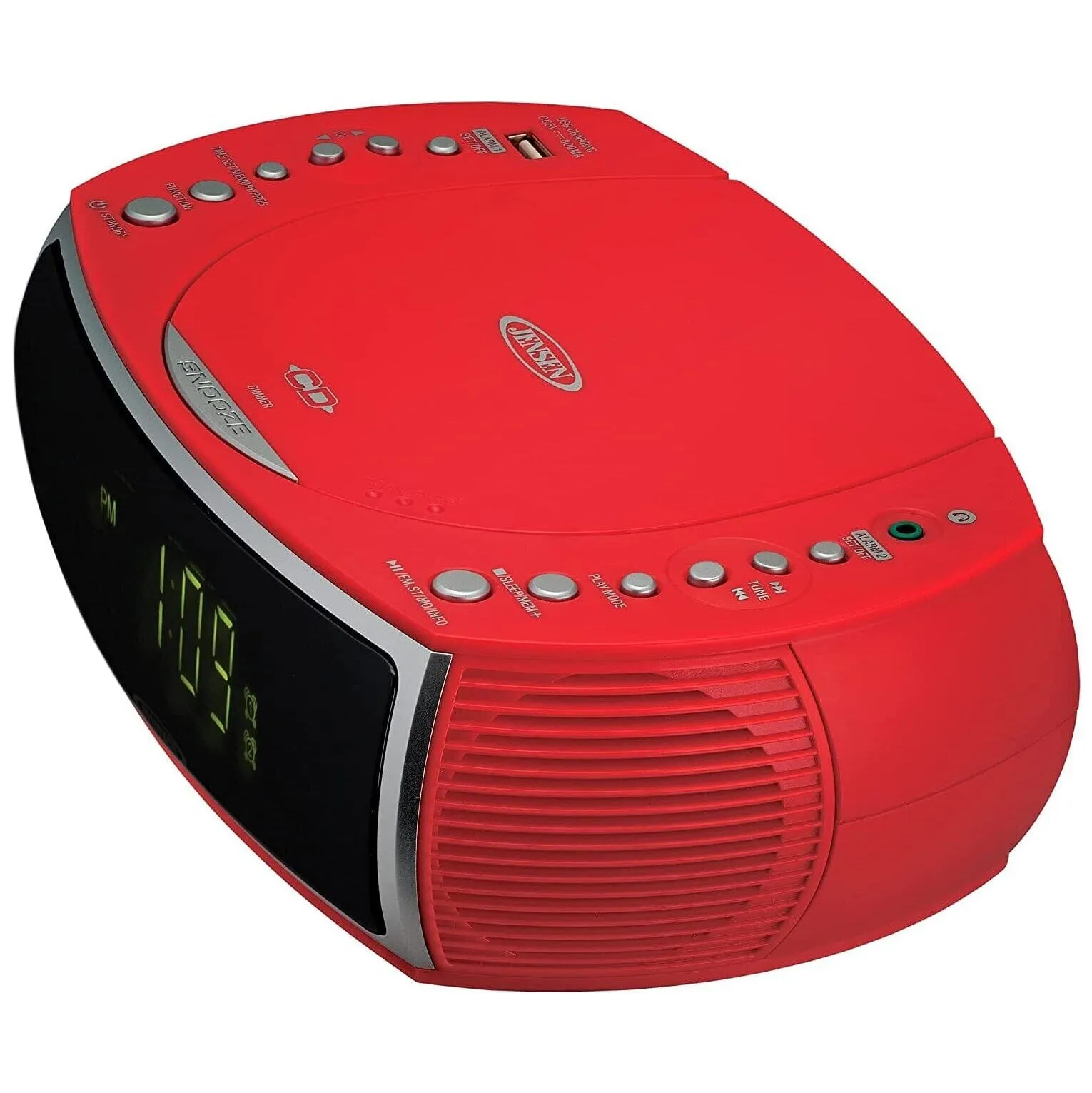 Jensen JCR-322R Modern Home CD Tabletop Stereo Clock Digital Display AM/FM Radio CD Player Dual Alarm Clock (Red)