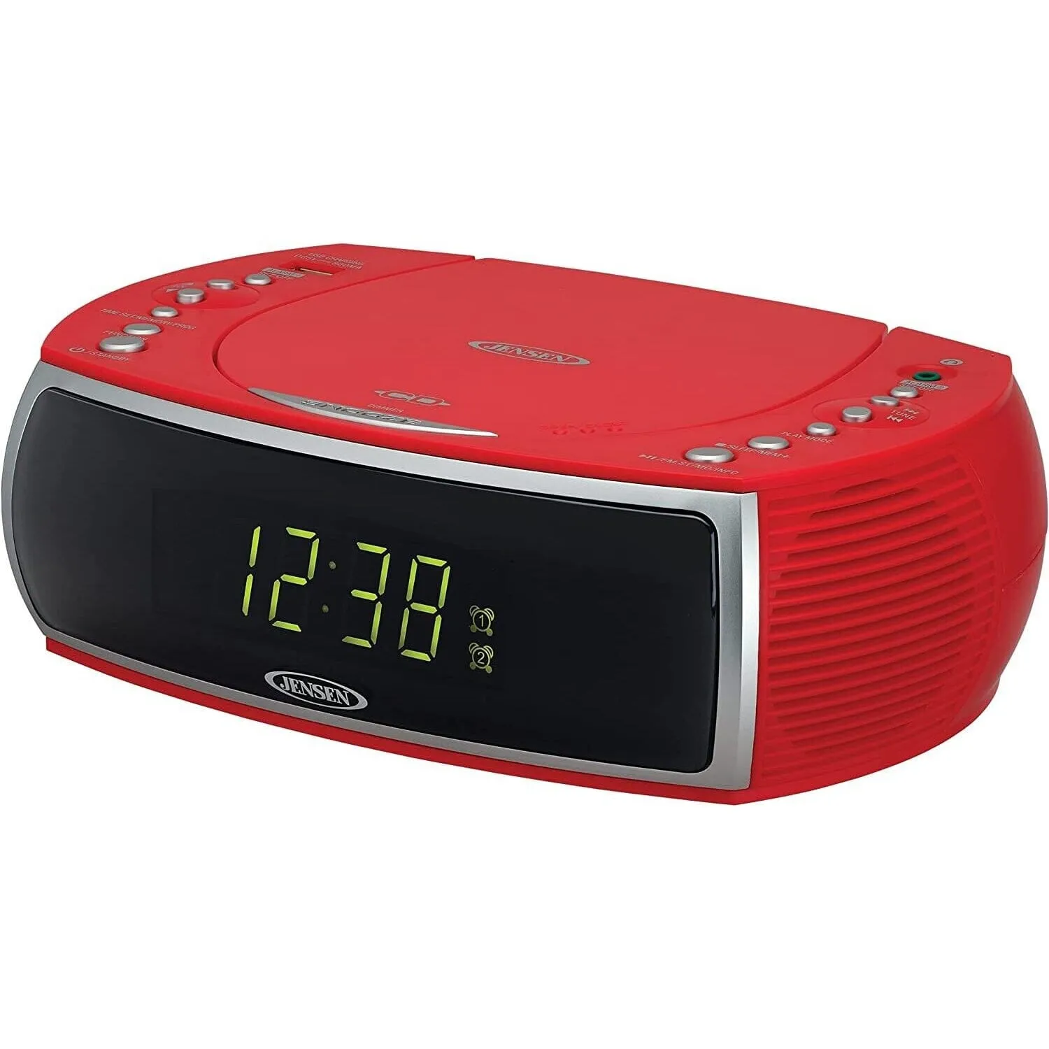 Jensen JCR-322R Modern Home CD Tabletop Stereo Clock Digital Display AM/FM Radio CD Player Dual Alarm Clock (Red)