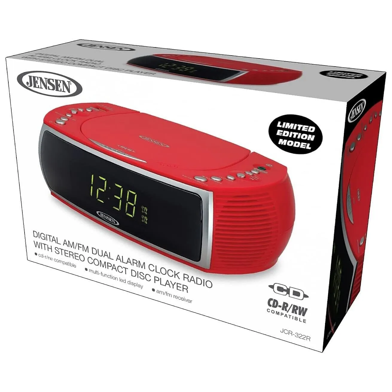 Jensen JCR-322R Modern Home CD Tabletop Stereo Clock Digital Display AM/FM Radio CD Player Dual Alarm Clock (Red)