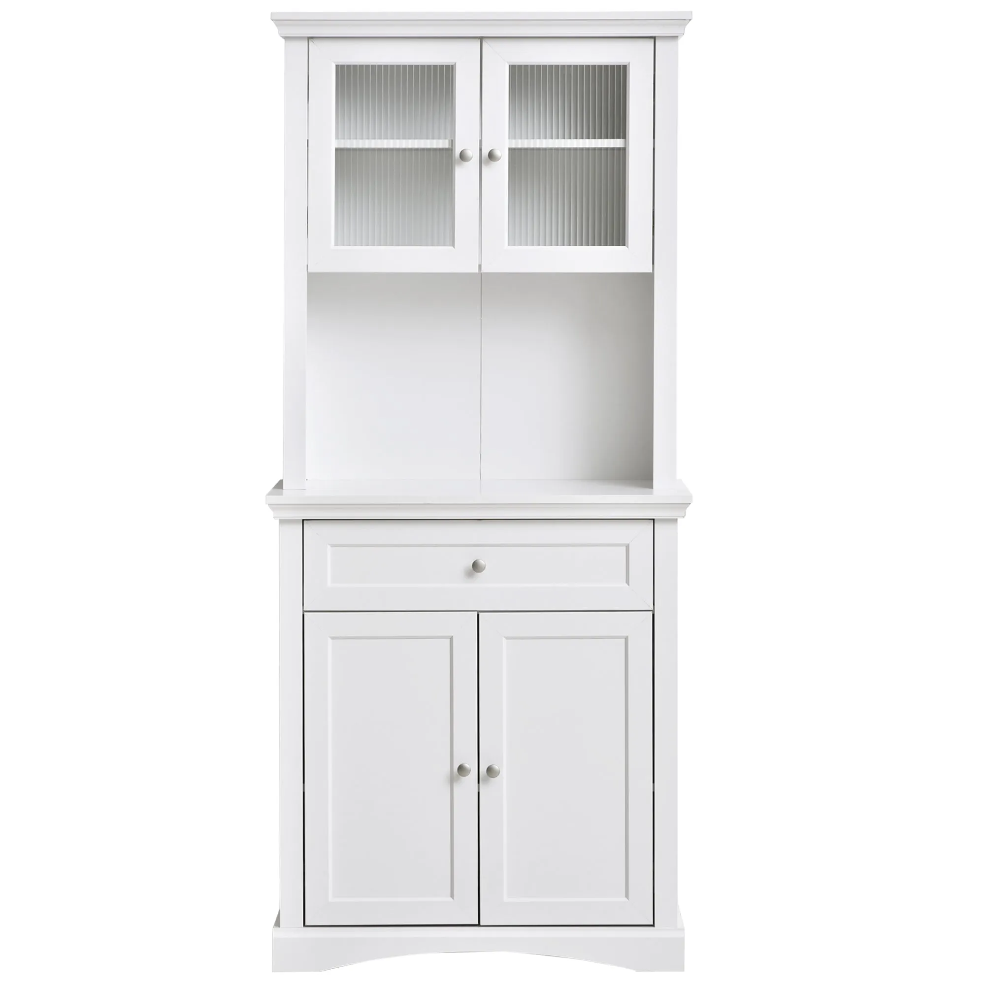 Kitchen Cupboard, Freestanding Storage Cabinet with Glass Doors, Adjustable Shelves, and Open Counter, White