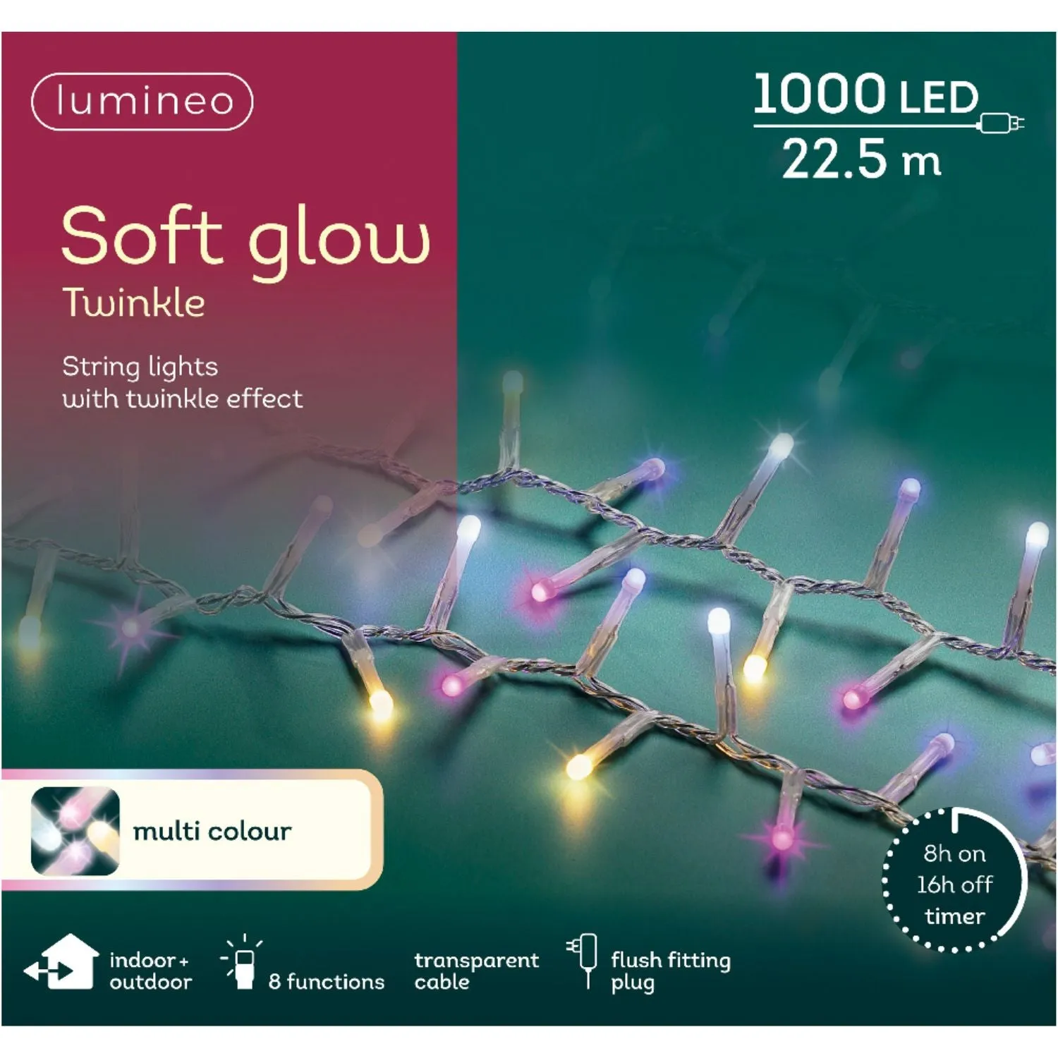 Lumineo 22.5m Multi-Coloured Soft Glow Compact Twinkle Function String Lights