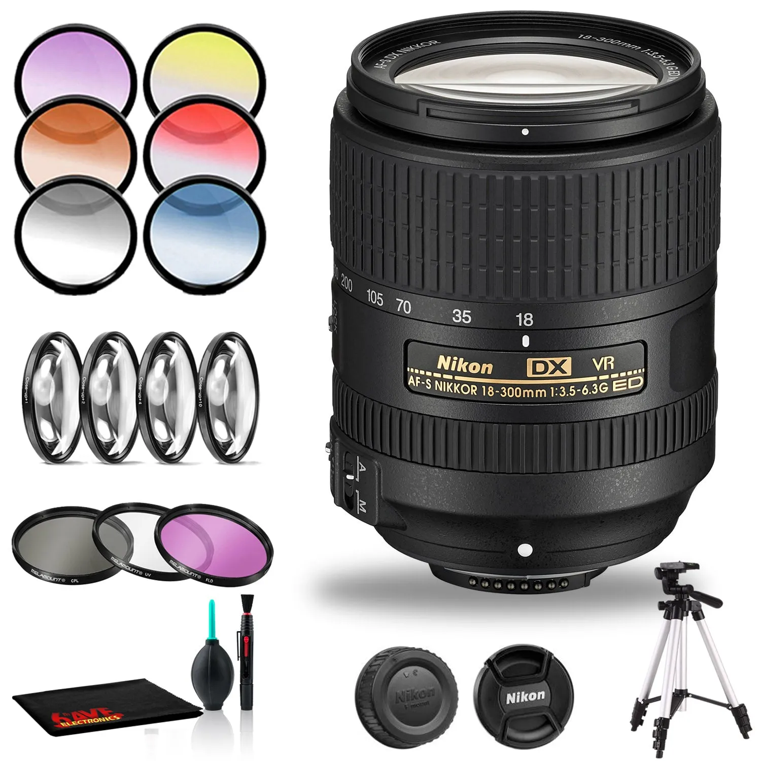 Nikon AF-S DX NIKKOR 18-300mm f/3.5-6.3G ED VR Lens Includes Filter Kits and Tripod (Intl Model) Bundle