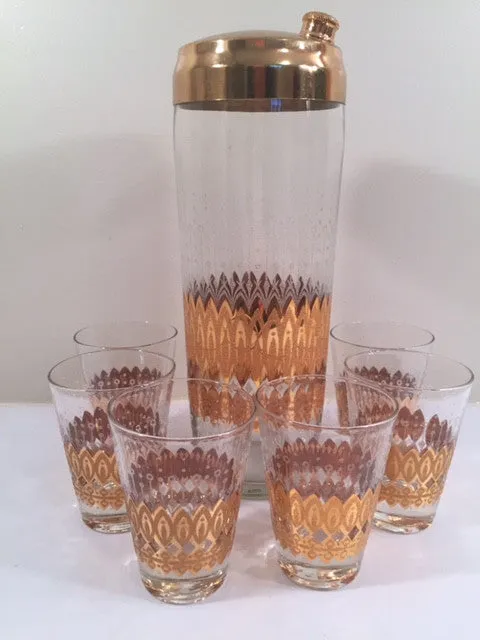 Pasinski Signed Mid-Century 22-Karat Gold 7-Piece Cocktail Set (1 Shaker and 6 Glasses)