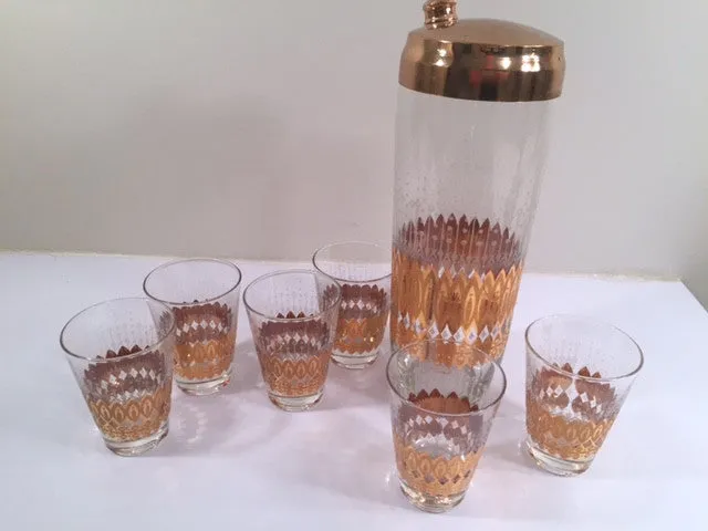 Pasinski Signed Mid-Century 22-Karat Gold 7-Piece Cocktail Set (1 Shaker and 6 Glasses)