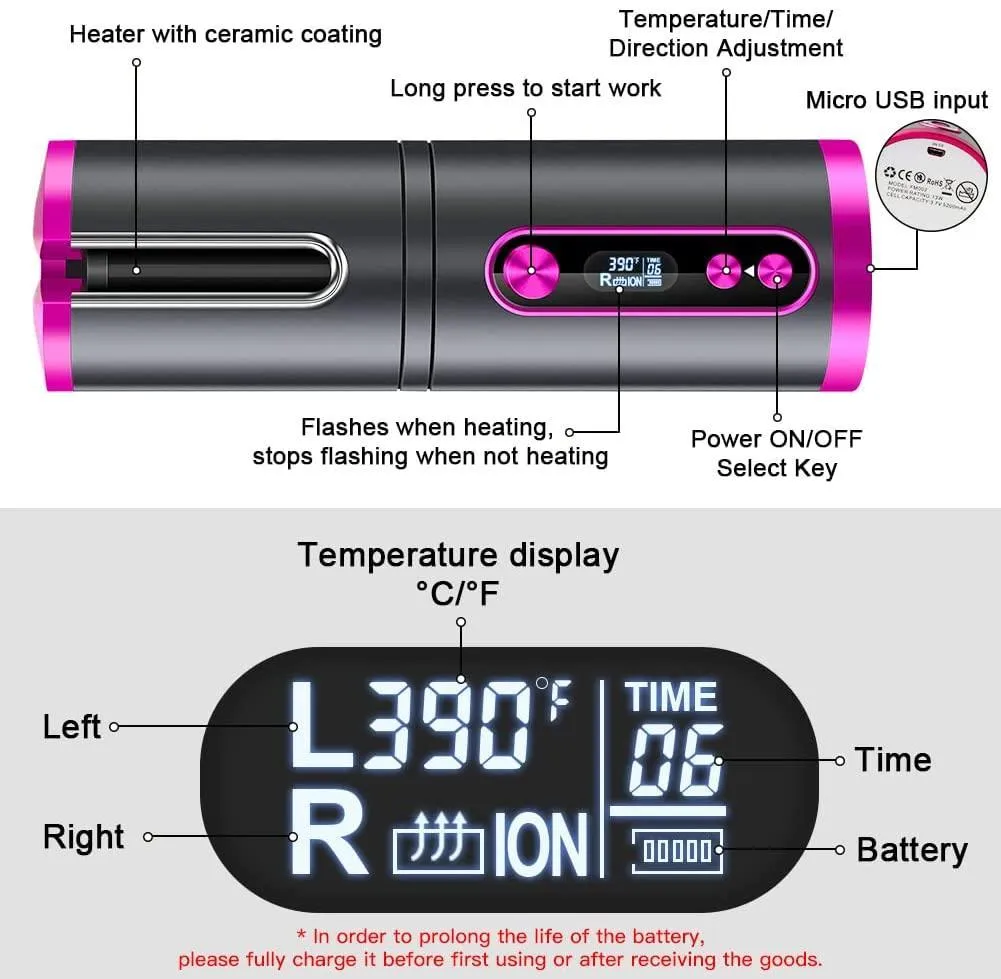 Portable Wireless Automatic Hair Curler for Travel with LED Temperature Display, Timer and USB Rechargeable (Pink)