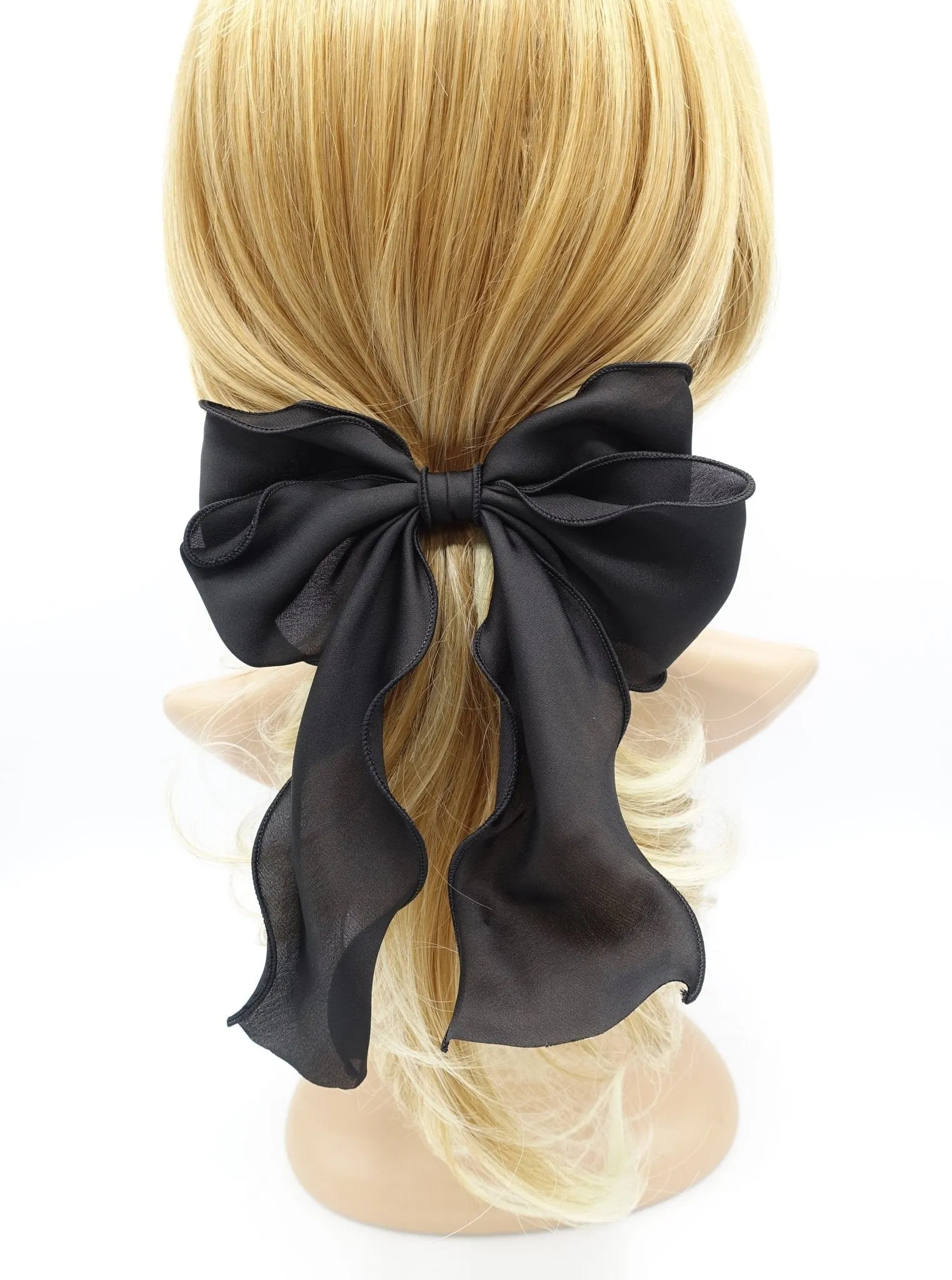 satin lettuce hem layered hair bow for women