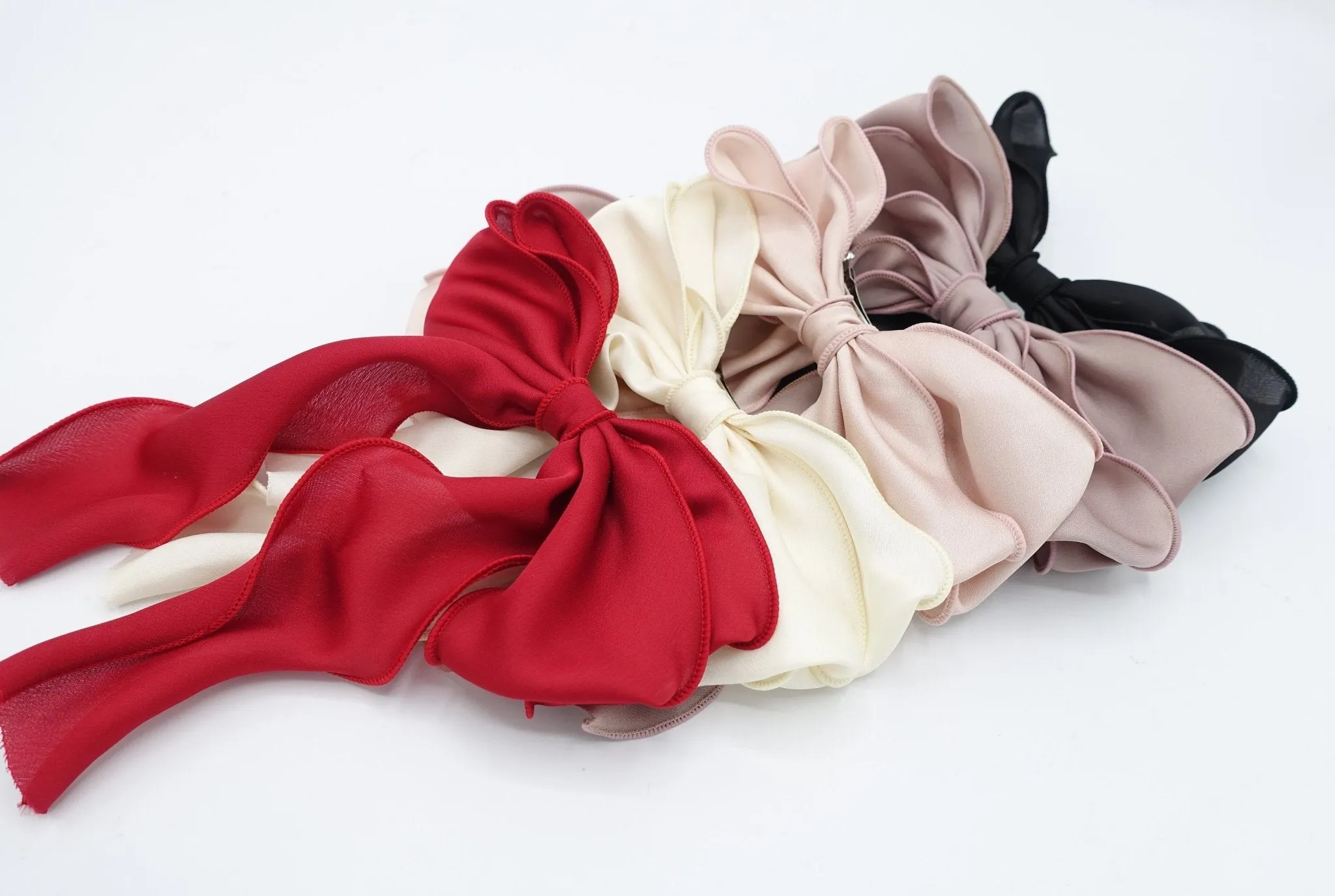 satin lettuce hem layered hair bow for women