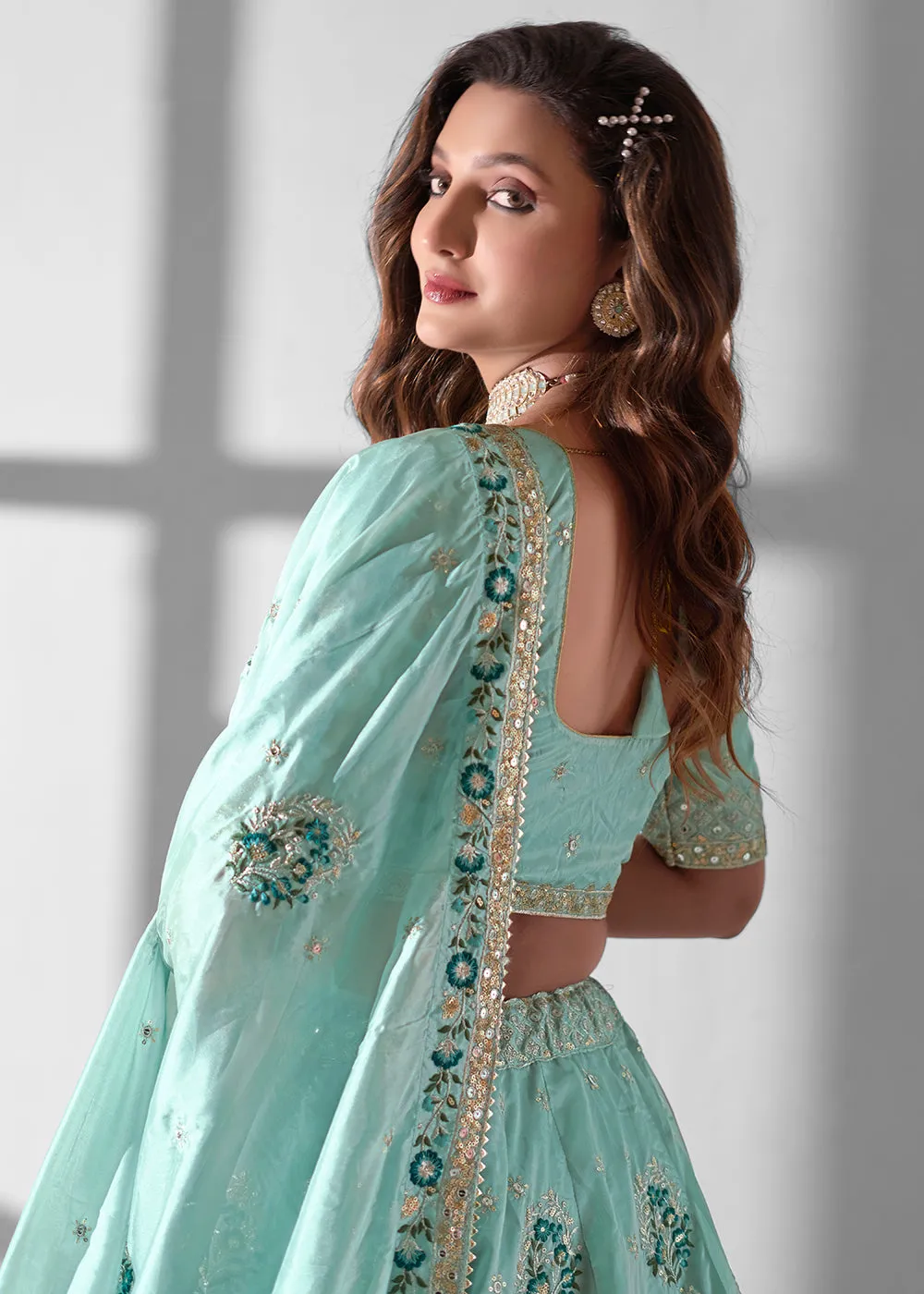 Sky Blue Multi Embroidered Wedding Festive Lehenga Choli