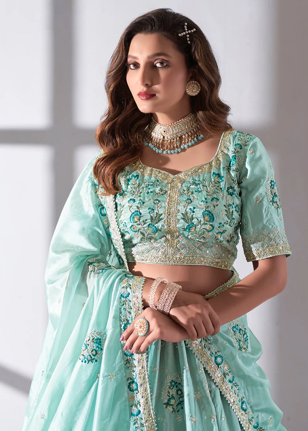 Sky Blue Multi Embroidered Wedding Festive Lehenga Choli