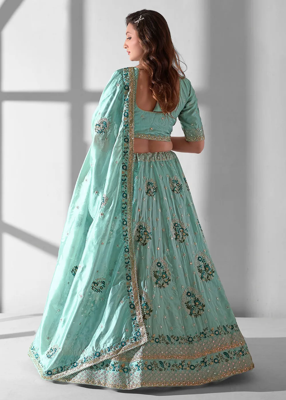 Sky Blue Multi Embroidered Wedding Festive Lehenga Choli