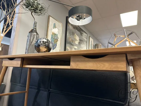 Solid & Veneered Light Oak Desk With 2 Drawers, Middle Shelf