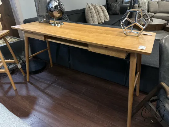 Solid & Veneered Light Oak Desk With 2 Drawers, Middle Shelf