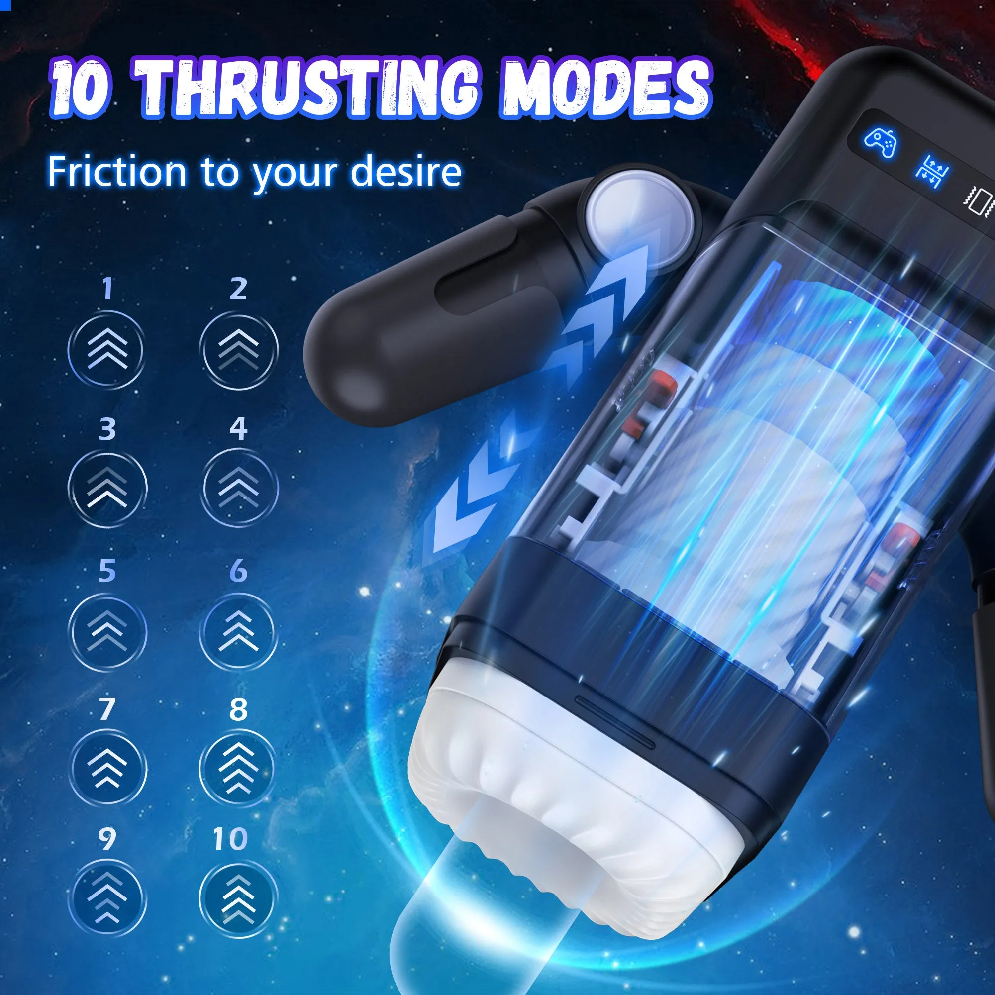 Thrusting Male Masturbator with 10 Vibrations & 2 Heating Levels, Adjustable Arm Design