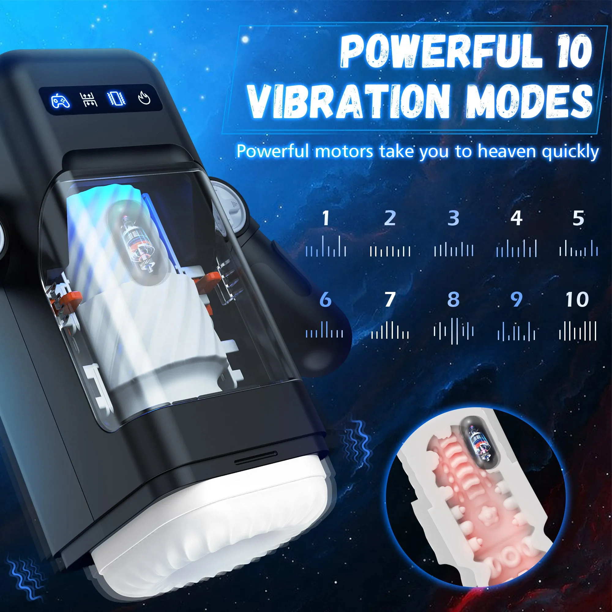 Thrusting Male Masturbator with 10 Vibrations & 2 Heating Levels, Adjustable Arm Design